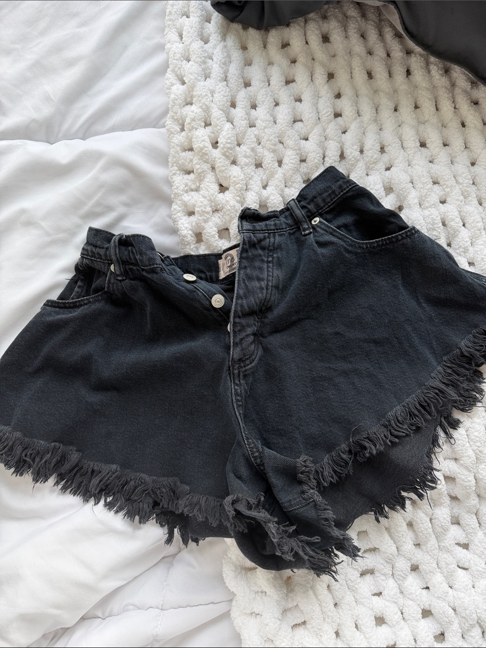 Free People Black Frayed Hem High-Waist Jean Shorts